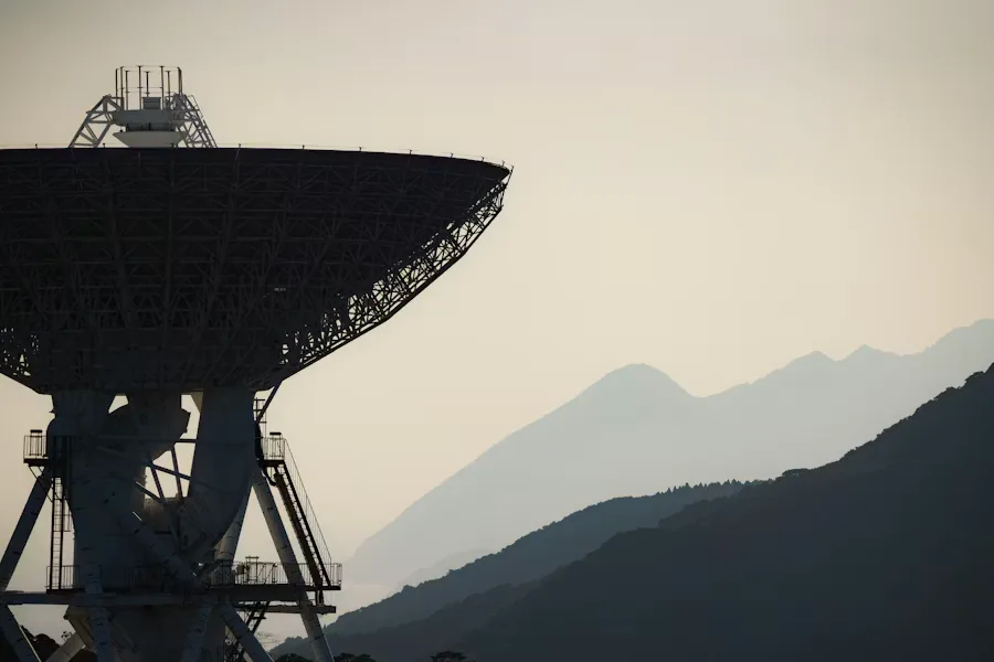 Satellite communication terminal in a mountain landscape